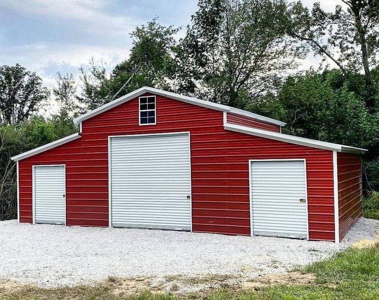 9018 - Triple Door Red and White Barn - Custom Structures Direct